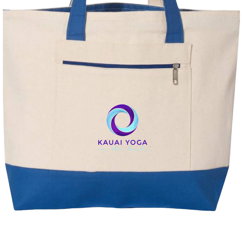 Product image of blue and sand color Kauai Yoga on the Beach branded tote beach bag